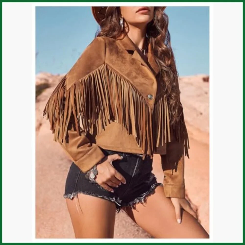 Faux Suede Fringe Open Front Jacket Western Concert Outerwear - Picture 5 of 6